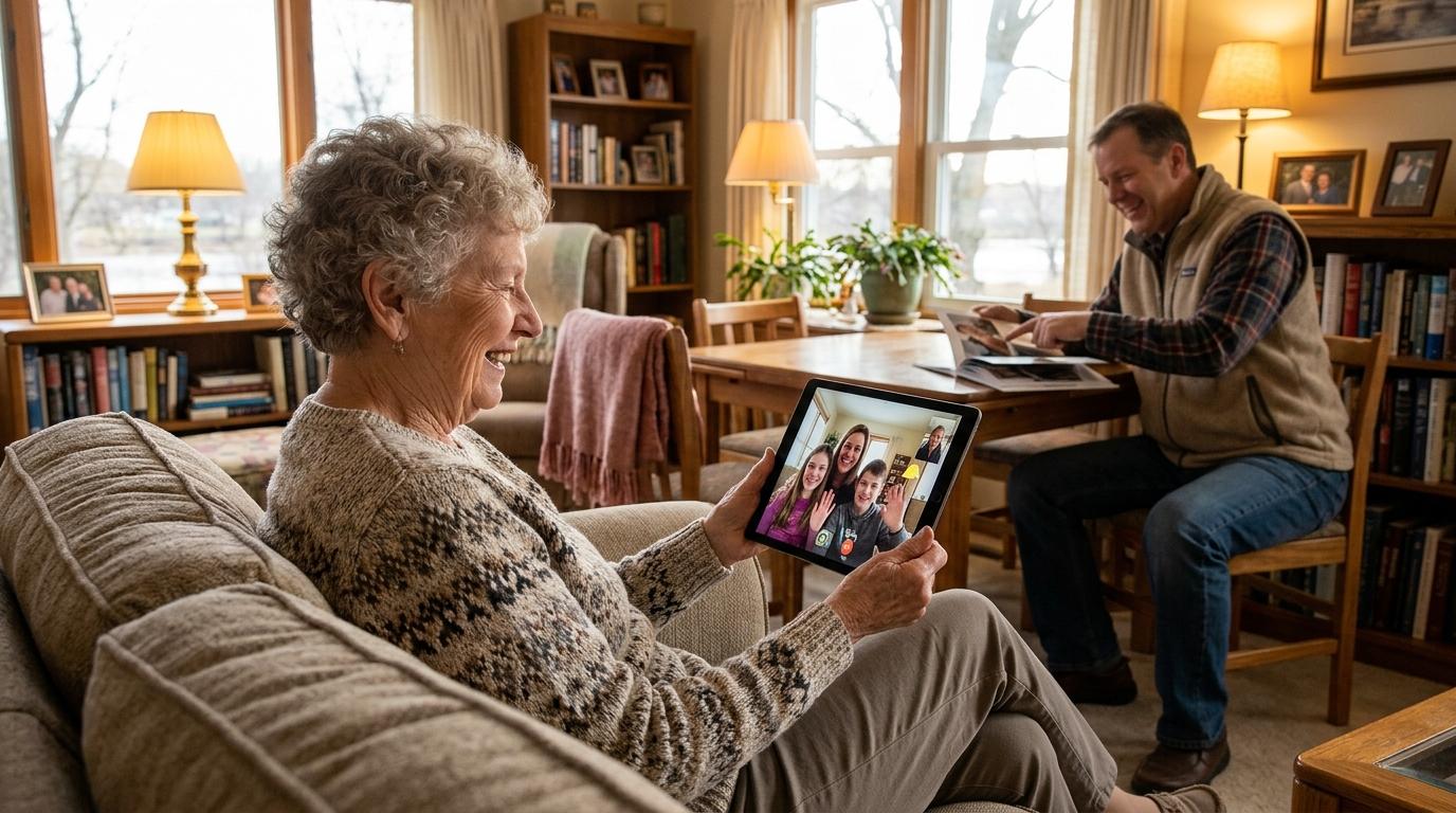 An older adult in senior living smiles as they make a video call to their family from a cozy spot in their assisted living apartment.