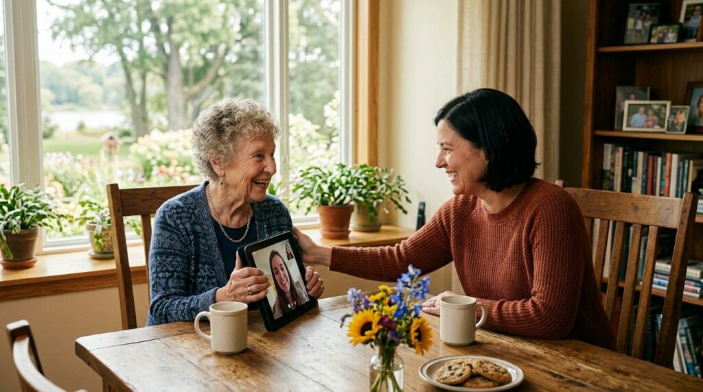 An older adult and a younger adult smile together and video chat with a younger family member during a visit in a senior living community.