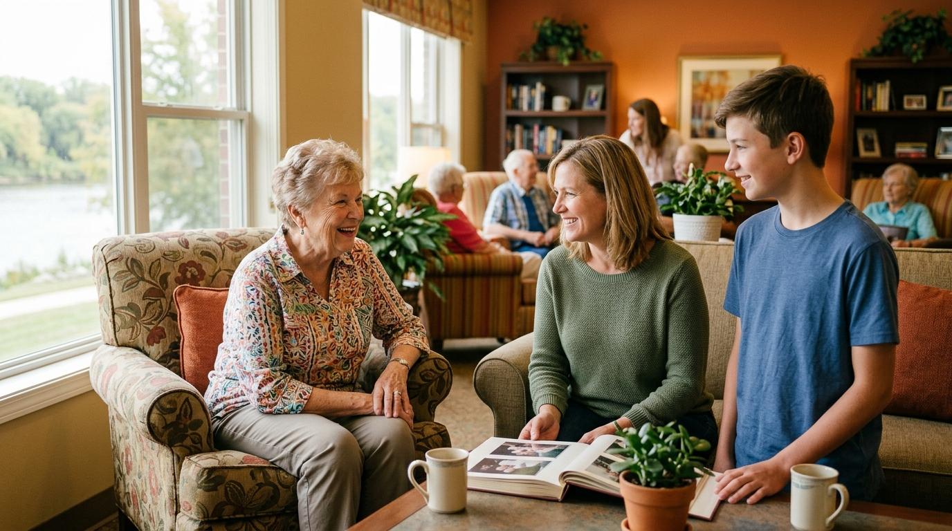 Smiling senior and adult family member sharing a warm moment together at a senior living community in Fort Atkinson, Wisconsin.