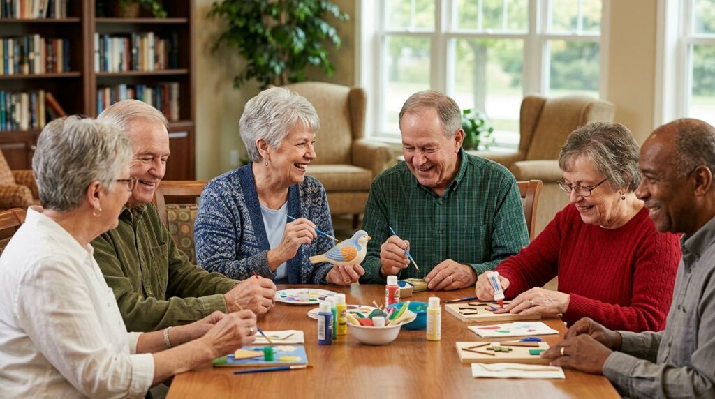 Seniors laughing and socializing together in a bright assisted living common area in Fort Atkinson, Wisconsin