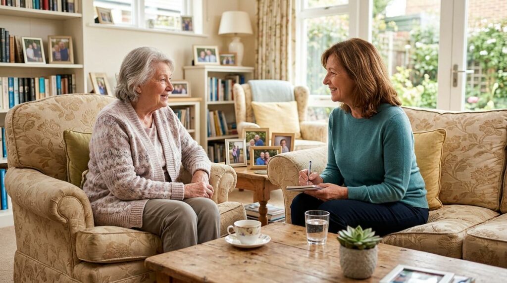 A nurse reviewing care notes with an older adult during an assisted living nursing assessment.