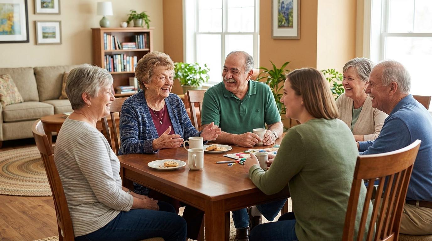 Smiling seniors and family members enjoying group activities together in a warm, welcoming senior living community.