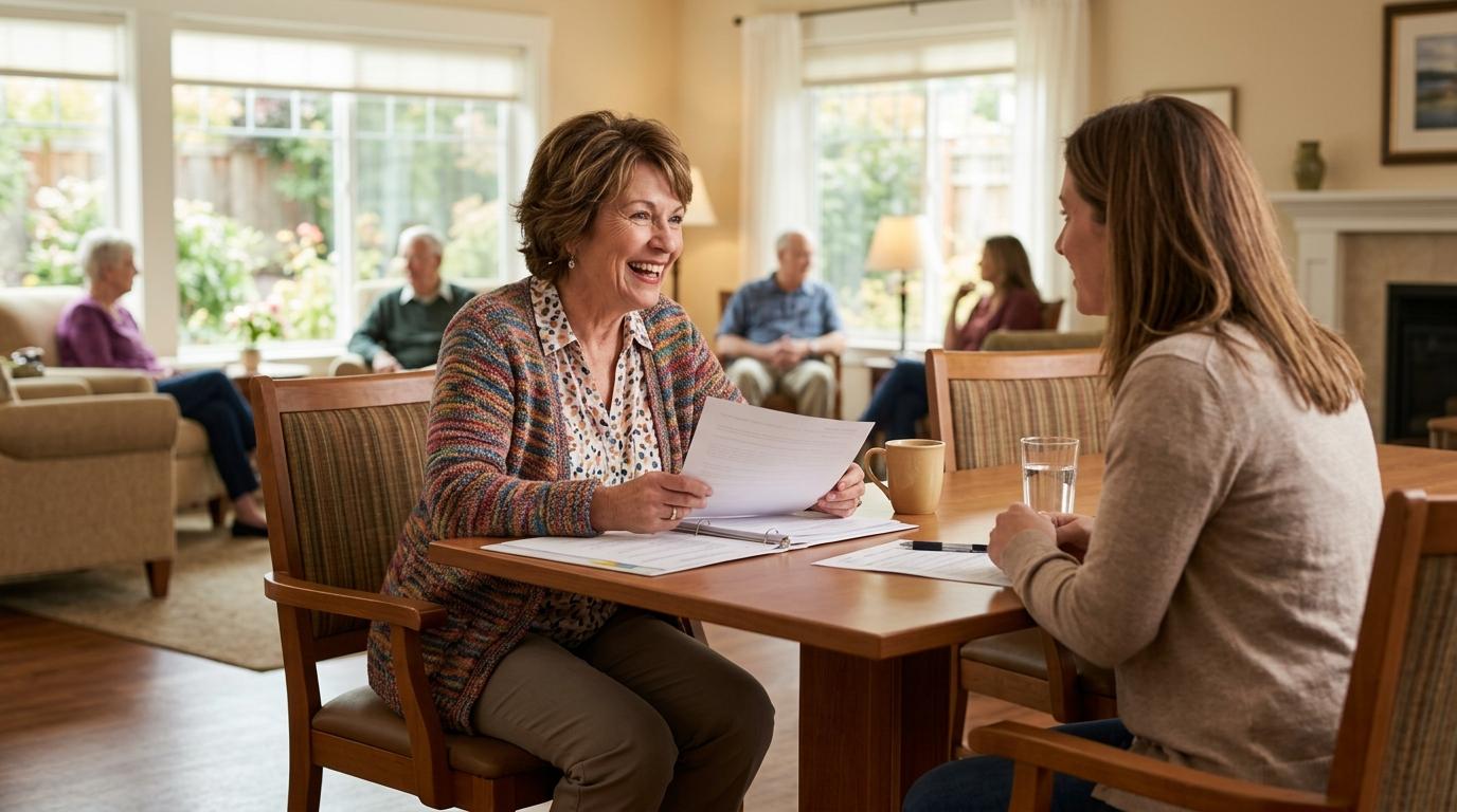 Senior living care team member reviewing a personalized care plan with a resident in a warm, welcoming community setting.